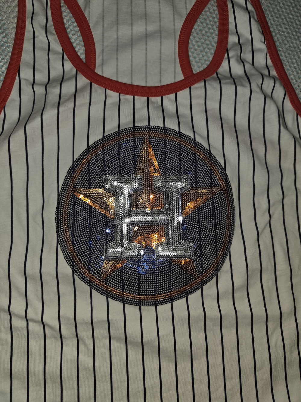 Houston Astros. Striped Sequin Star Tank Top - White with Orange Trim